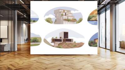 Set of modern suburban houses with terraces and panoramic windows. Exteriors of villas, maisons and cottages of contemporary architecture style. Flat vector illustration isolated on white background Wall mural