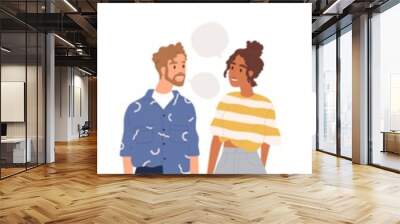 Set of multiethnic people talking or speaking. Collection of chatting couples with speech bubbles. Men and women meeting. Dialogues between characters. Flat vector illustration isolated on white Wall mural