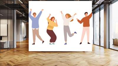 Set of people celebrating win or goal achievement. Happy team or group of friends with hands up isolated on white background. Concept of victory and success. Vector illustration in flat cartoon style Wall mural