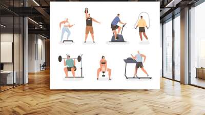 Set of people during cardio exercises and power workouts with gym equipment. Men and women training with jump rope, treadmill, and dumbbells. Flat vector illustration isolated on white background Wall mural