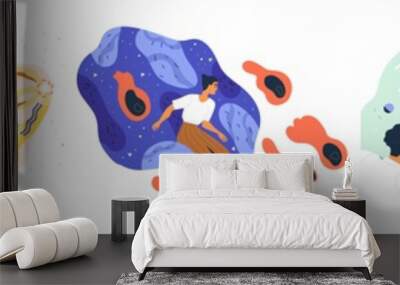 Set of people flying in space vector flat illustration. Collection of man and woman floating during exploration isolated. Concept of new user experience, new horizons and discoveries, new worlds Wall mural