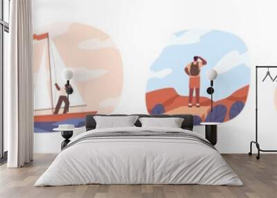 Set of people look into future vector flat illustration. Collection of man and woman stand on stairs, top of mountain and sailboat with binoculars. Concept of new horizons and choice of direction Wall mural