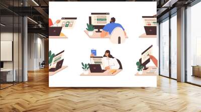 Set of people passing online test at computer. Students with laptops at internet exam. Men and women ticking answers on screen. Colored flat graphic vector illustration isolated on white background Wall mural