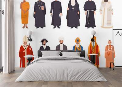 Set of religion people. Different characters collection buddhist monk, christian priests, patriarchs, rabbi judaist, muslim mullah, sikh, hindu leader, krishnaite. Colorful vector illustration. Wall mural