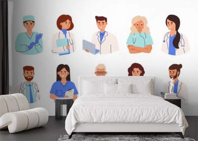 Set of smiling doctors, nurses and paramedics. Portraits of male and female medic workers in uniform with stethoscopes, masks and gloves. Flat cartoon vector illustration isolated on white background Wall mural