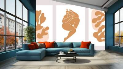 Set of trendy contemporary Matisse-inspired interior posters with abstract algae branches, shapes and woman portraits isolated on white. Modern minimalist wall art. Colored flat vector illustration Wall mural