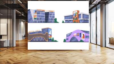 Shopping centers, malls, stores exterior set. Commercial city buildings, modern glass facade. Supermarket, market construction, architecture. Flat vector illustration isolated on white background Wall mural