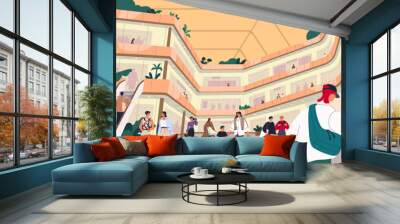 Shopping mall interior scene with people walking, spending time in retail stores. Consumers, buyers in modern multi-storey center with escalators, levels. Shoppers indoors. Flat vector illustration Wall mural