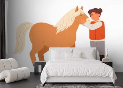 Smiling little girl hugging pony feeling love vector flat illustration. Happy child embracing and taking care to adorable horse isolated on white. Cute female kid spending time with farm animal Wall mural