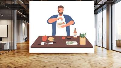 Smiling man on diet cook vegetable salad on kitchen table vector flat illustration. Male apply salt to vegetarian healthy food isolated on white. Guy preparing dinner or lunch with spices and herbs Wall mural