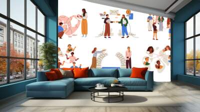 Social connections, communication concept. People building network, global community, support team, making contacts, connecting partners set. Flat vector illustrations isolated on white background Wall mural