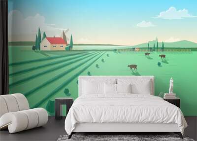 Spectacular rural landscape with farm building, windmill, cows grazing in green field against beautiful sky on background. Beautiful pastoral scenery with domestic cattle. Colored vector illustration. Wall mural