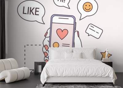 Square banner template with hand holding smartphone, speech bubbles and new message symbol. Social media marketing, content management, instant messaging. Modern vector illustration in linear style. Wall mural