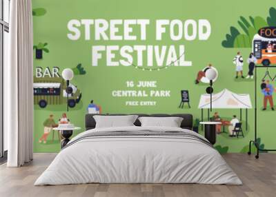 Street food festival, web banner design. Open-air summer fest, long promotion background. Modern outdoor holiday, weekend event with trucks, tiny people in nature, park. Flat vector illustration Wall mural