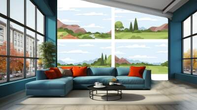 Summer landscapes set. Sceneries with grass, trees, mountains and sky horizons. Panoramic nature backgrounds with clouds, plants, and rocks. Scenes of valleys and grasslands. Flat vector illustrations Wall mural