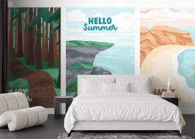 Summer nature backgrounds set. Summertime landscapes, cards designs with forest trees, calm sea, deserted beach. Peaceful holiday travel postcards with woods, seaside. Flat vector illustrations Wall mural