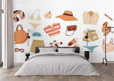 Summer travel stuff set. Beach clothes, accessories for summertime holiday. Bag, bikini, flip-flops, hat, swimsuit and pillow for vacation trip. Flat vector illustrations isolated on white background Wall mural