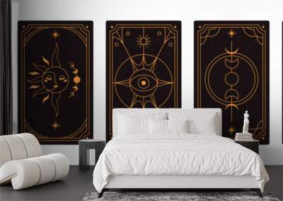 Tarot card backgrounds, back reverse side designs set. Magic esoteric ancient symbols. Mystic occult sacred celestial sun, star, moon. Flat graphic vector illustration isolated on white background Wall mural