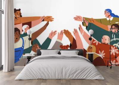 Team, community hands reaching together for support and unity. Diverse multicultural group, people society bonding in solidarity and cooperation. Flat vector illustration isolated on white background Wall mural