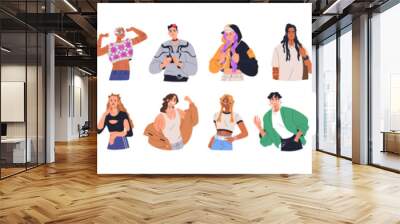 Teens in modern fashion alternative style. Trendy young characters, teenagers set. Gen Z youth in funky clothing, cool hairstyles and makeup. Flat vector illustration isolated on white background Wall mural