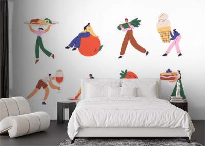 Tiny people with different huge food set. Characters holding wine, french fries, strawberry, cake, ice-cream, asparagus, apple fruit and dish. Flat vector illustrations isolated on white background Wall mural