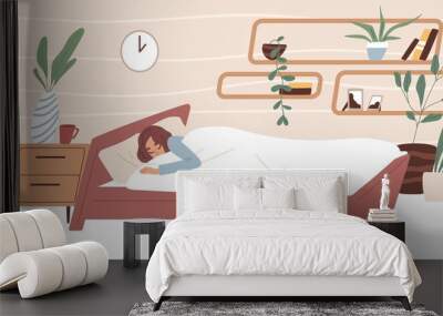 Tired woman sleeping in comfortable bed under blanket in bedroom. Person dreaming in cozy room. Bedtime concept. Colored flat vector illustration of sleepy human isolated on white background Wall mural