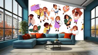 Top down view, happy people looking up. Characters heads, faces from above, overhead. Smiling men, women, friends, kid standing, watching. Flat vector illustrations set isolated on white background Wall mural