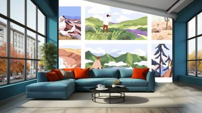 Travelers enjoying scenic view flat vector illustrations set. Young people on adventure cartoon character. Searching for goal, opening new horizons, outdoor rest concept. Tourists contemplating nature Wall mural