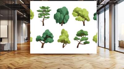 Trees set. Forest foliage plants. Lush leaf canopy of deciduous and coniferous. Summer wood. Green leafy crowns and trunks. Botanical natural flat vector illustration isolated on white background Wall mural