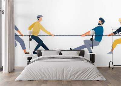 Two groups of people pulling opposite ends of rope isolated on white background. Tug of war contest between office workers. Concept of business competition. Vector illustration in flat cartoon style. Wall mural