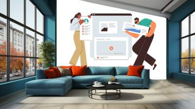 UI UX designers designing web-site, page interface, creating content layout with visual elements. Tiny people making website, landing webpage. Flat vector illustration isolated on white background Wall mural