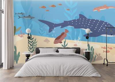 Underwater life of fishes at sea bottom. Wild animals swimming under water. Undersea landscape with exotic habitats and seaweeds. Seascape with marine inhabitants. Colored flat vector illustration Wall mural