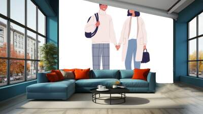 Walking happy modern young people. Couple in love, holding hands and looking at each other. Romantic stylish woman and man in casual warm clothes. Flat vector cartoon illustration isolated on white Wall mural