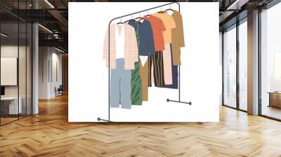 Wardrobe of modern women clothing hanging on floor hanger rack. Assortment of casual apparels. Collection of stylish summer garments. Flat vector illustration isolated on white background Wall mural