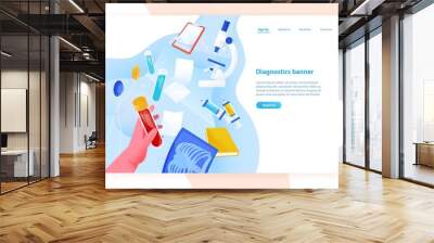 web banner template with hand holding test tube with blood, medical laboratory tools and place for t Wall mural