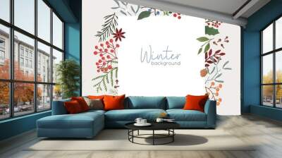 Winter botanical vector background. Xmas color backdrop with text space. Mistletoe, juniper, pine cones and coniferous branches composition. Border, square banner template with place for text. Wall mural