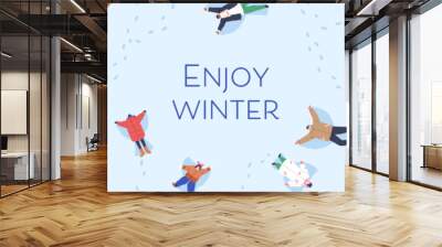 Winter holiday background. Snowy nature banner, happy people, families, children making snow angels on wintertime vacations. Outdoor fun in cold weather, card backdrop. Flat vector illustration Wall mural