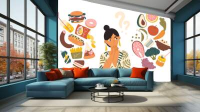 Woman choosing between healthy and unhealthy food concept flat vector illustration. Fastfood vs balanced menu comparison isolated clipart. Female cartoon character dieting and healthy eating. Wall mural