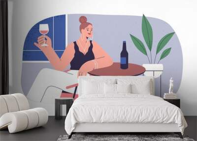 Woman drink alcohol alone, sitting at table with wine bottle at home. Happy lady relax in solitude with wineglass in hand, tasting and enjoying. Flat vector illustration isolated on white background Wall mural