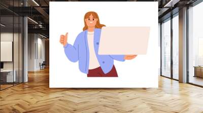 Woman holds empty blank paper board in hand. Happy young girl showing, presenting clean placard, advertising, promoting, recommending, announcing. Flat vector illustration isolated on white background Wall mural