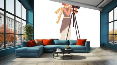 woman professional photographer take photo use camera on tripod vector flat illustration. female pho Wall mural