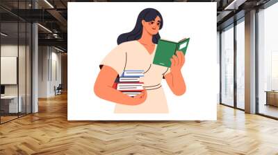 Woman reading book, holding literature stack from library. Girl student, bookworm, female reader with open textbook in hand, studying, learning. Flat vector illustration isolated on white background Wall mural