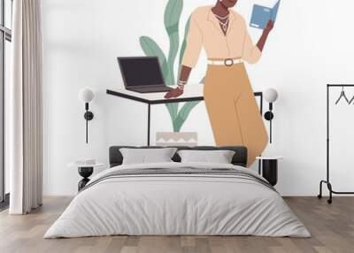 Woman reading book at office desk. Happy reader studying professional business literature. Modern African American businesswoman learning. Flat vector illustration isolated on white background Wall mural