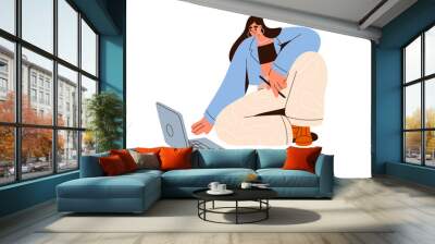 Woman works at laptop computer. Student with pen and paper at notebook, studying online, composing essay on floor. Freelancer taking notes. Flat vector illustration isolated on white background Wall mural