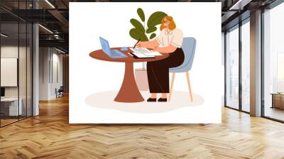 Woman works with laptop and papers on desk. Business person filling forms, signing documents, sitting at round table with notebook computer. Flat vector illustration isolated on white background Wall mural