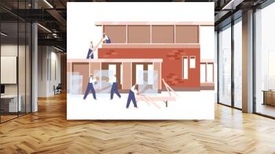 Workers building home, installing windows. Builders work outdoors, constructing residential house. Construction and renovation process. Flat graphic vector illustration isolated on white background Wall mural