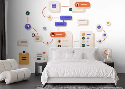 Workflow, work organization concept. Project management process, abstract business system network, scheme with connections, interactions, tasks. Flat vector illustration isolated on white background Wall mural