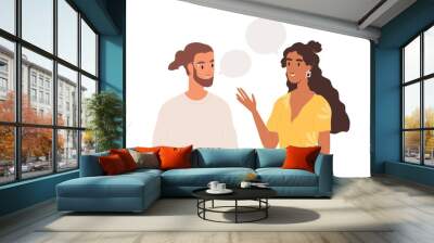 Young couple talking together. People communicating. Positive communication of multinational friends. People conversation with speech bubbles. Flat vector cartoon illustration isolated on white Wall mural