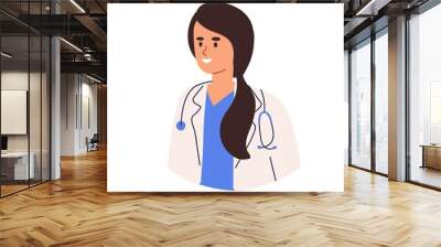 Young female doctor in medical uniform with stethoscope. Happy health worker or therapist in coat isolated on white. Flat vector illustration of professional physician isolated on white background Wall mural