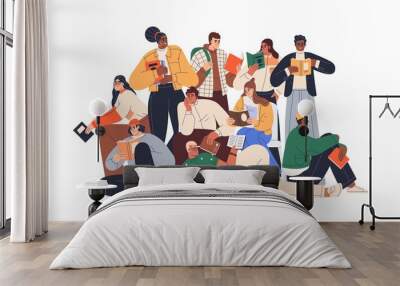 Young modern people reading books together. Crowd of readers. Group portrait of multiracial students with textbooks. Colored flat graphic vector illustration of bookworms isolated on white background Wall mural